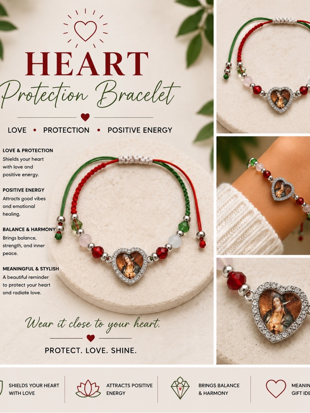 Heart Pendant Adjustable Bracelet in Red & Green with Crystal Accents